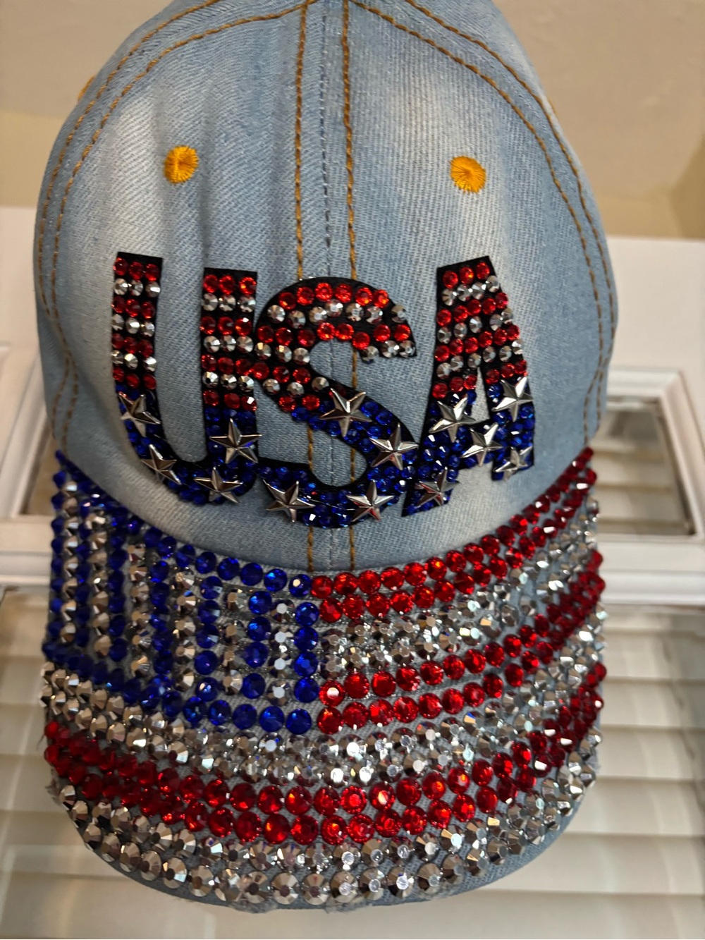 Rhinestone USA Bejeweled Denim Baseball Cap - Red, White & Blue - Picture 4 of 6